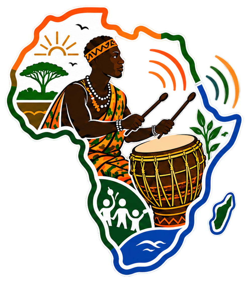 Emblème ATOUMBLAN IMPACT : percussionniste et tambour dans une silhouette de l’Afrique